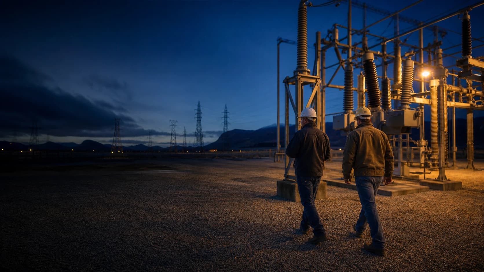 Utility field professionals inspecting electrical infrastructure before dawn